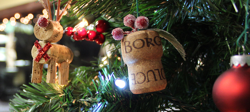 cork Christmas ornaments on a tree